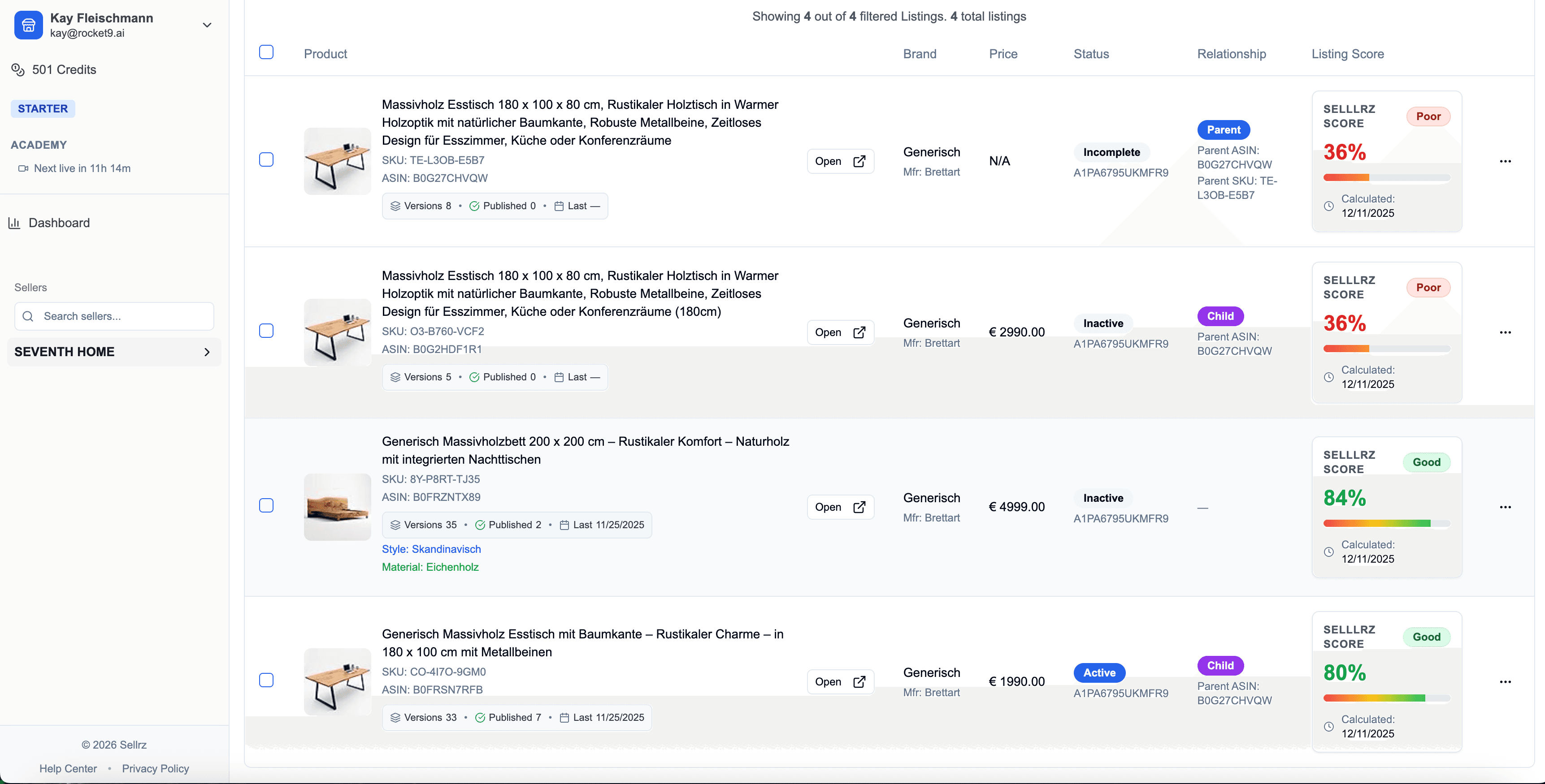 SELLRZ listing overview with scores