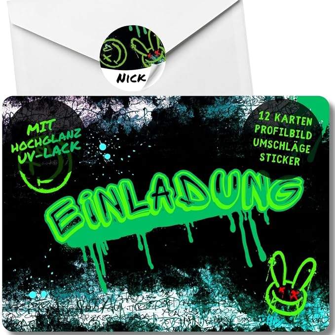 12x Graffiti Einladungskarten - Fuer den Kindergeburtstag von Jungen - gruene Neon Graffiti Geburtstagseinladungen +12 Umschlaege +12 Sticker