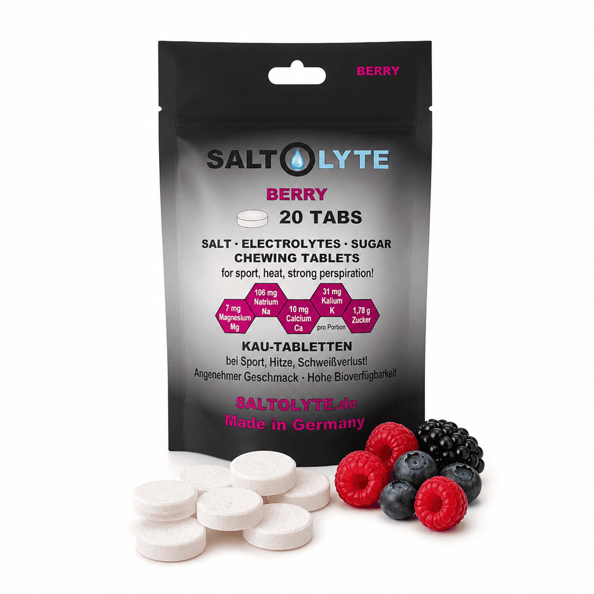 SALTOLYTE Elektrolyt-Kautabletten – Sport, Hitze & Schweiß – Berry 20 Tabs