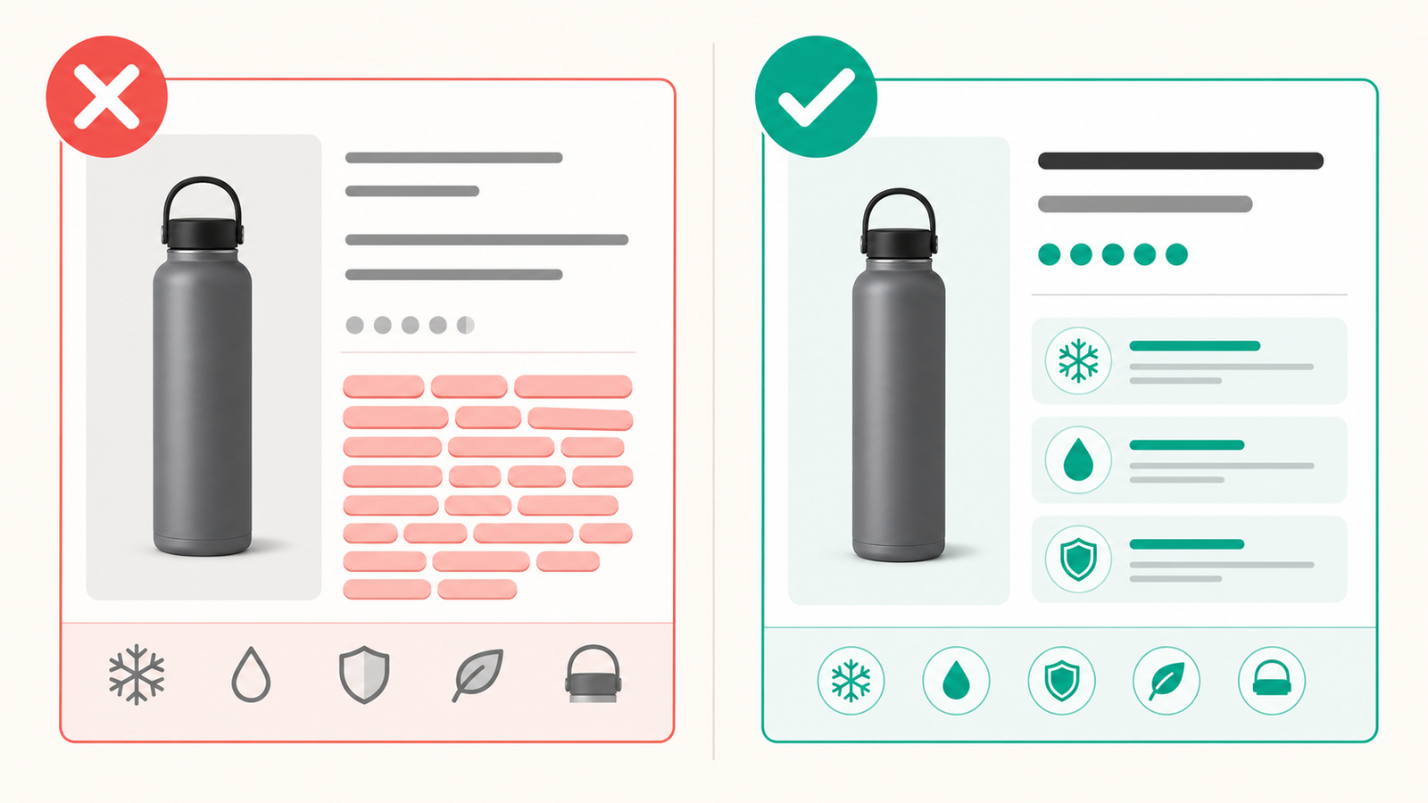 Richtig/Falsch-Illustration: links ein Listing mit ausgeschmückter, bereits beantworteter Aussage, rechts dasselbe Listing mit einer neu beantworteten Käuferfrage
