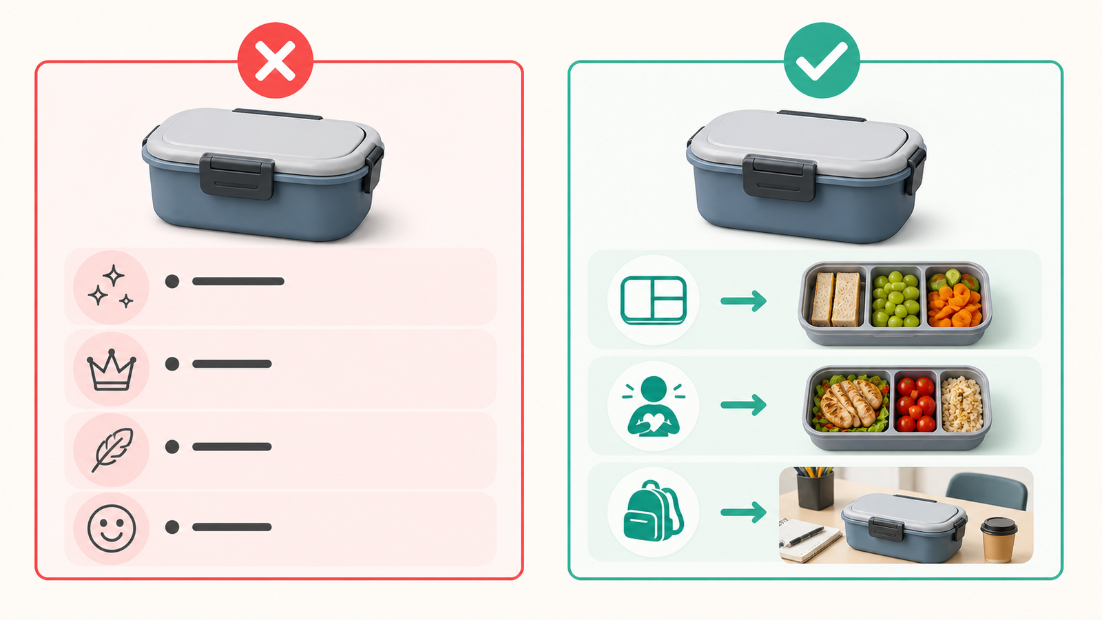 Richtig/Falsch-Illustration: links sechs Bullet Points, die alle Materialqualität behaupten, rechts sechs Punkte mit sechs verschiedenen Aufgaben