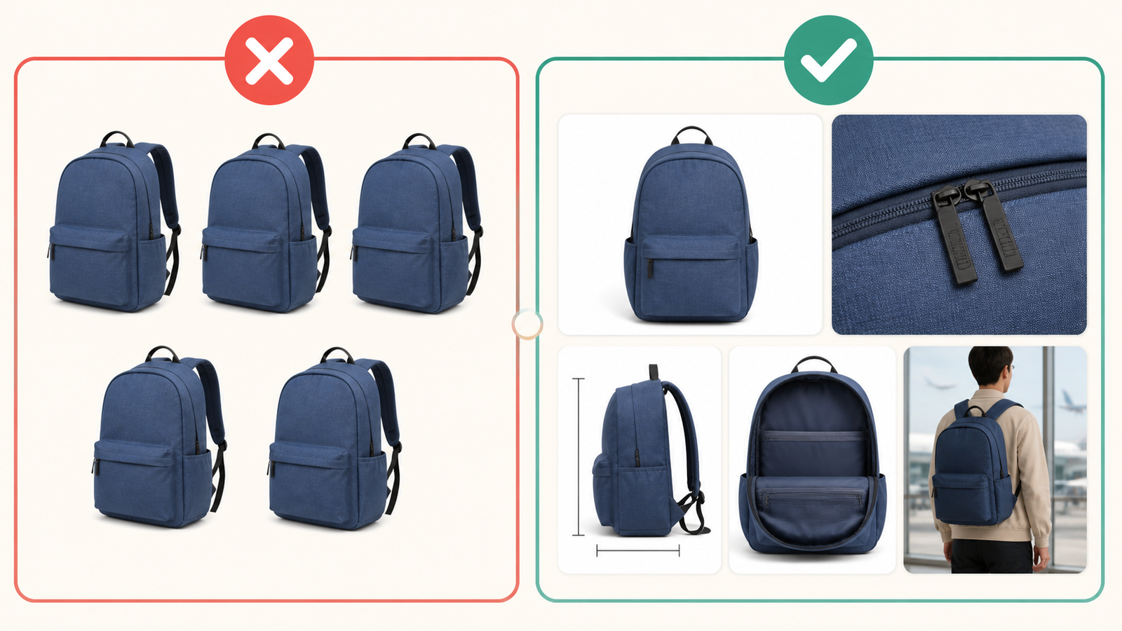 Richtig/Falsch-Illustration: links ein Hauptbild mit Badge und Szene, rechts dasselbe Motiv freigestellt auf Weiß mit dem Badge im zweiten Galeriebild